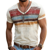 【24-hour shipping out】Men's Retro Casual Shabby Striped Printed V-Neck Short Sleeve T-Shirt MTA2517D8TO