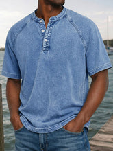 Men's Washed Denim-Look Henley Raglan Short Sleeve Tee