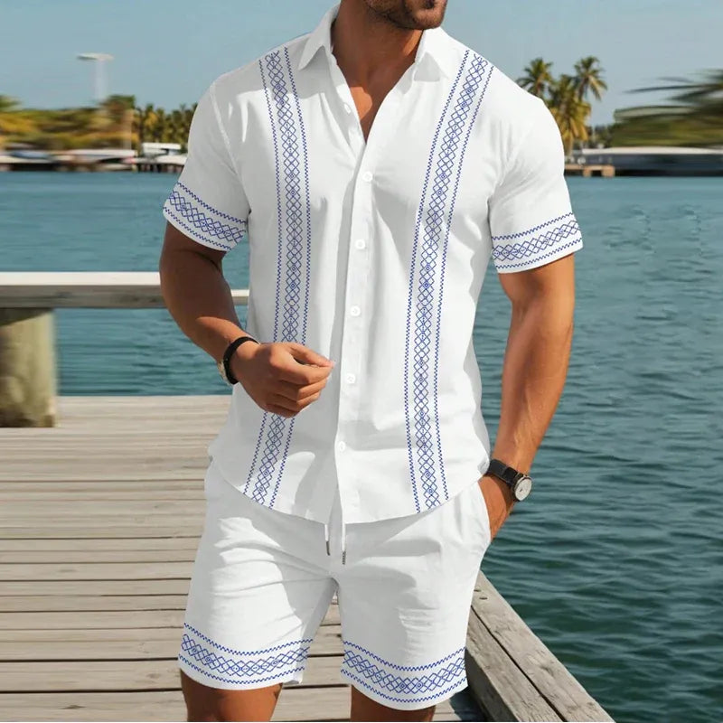 Men’s Embroidered Trim Short-Sleeve Shirt and Shorts Set