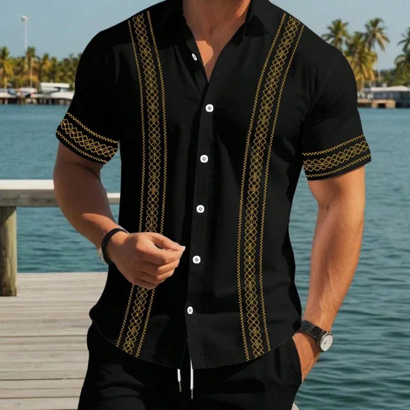 Men’s Embroidered Trim Short-Sleeve Shirt and Shorts Set