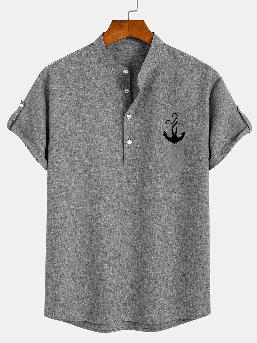 Men’s Textured Short Sleeve Stand Collar Henley Shirt