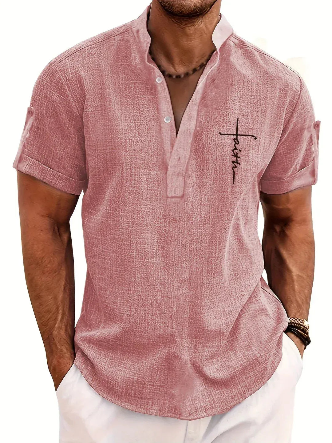 Men’s Textured Short Sleeve Stand Collar Henley Shirt