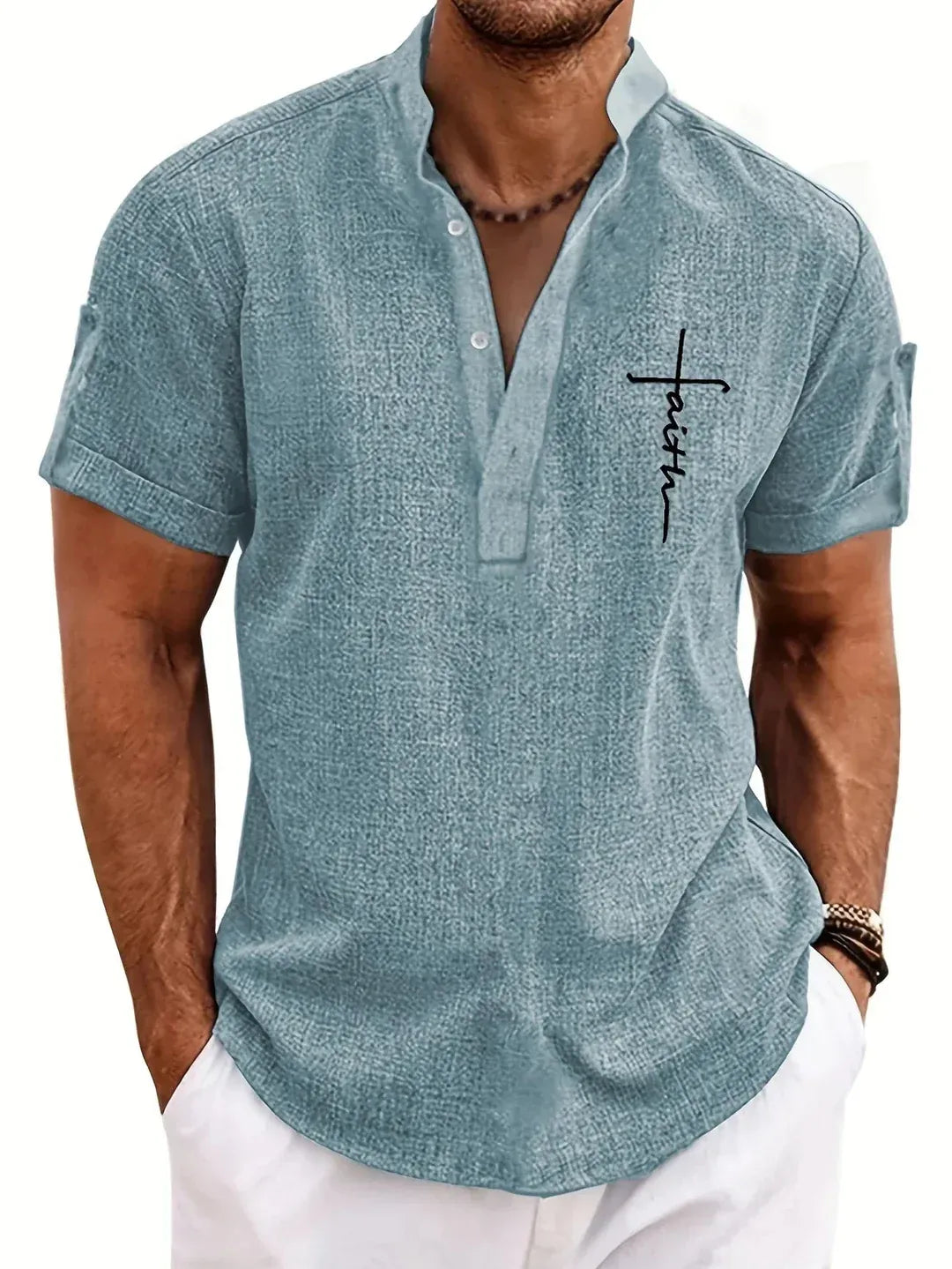 Men’s Textured Short Sleeve Stand Collar Henley Shirt