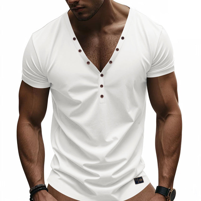 【24-hour shipping out】Men's Solid Color Cotton V-Neck Short Sleeve T-Shirt MTA0144D2X