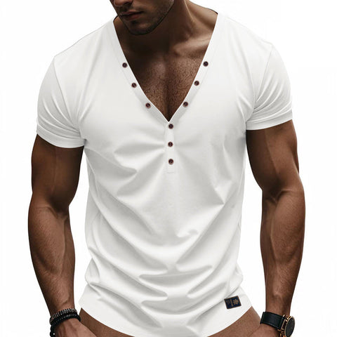 【24-hour shipping out】Men's Solid Color Cotton V-Neck Short Sleeve T-Shirt MTA0144D2X