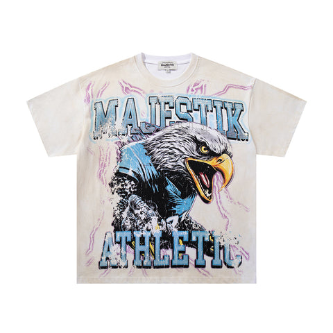 Majestik “Athletic” Eagle Rhinestone Vintage Tee（White）