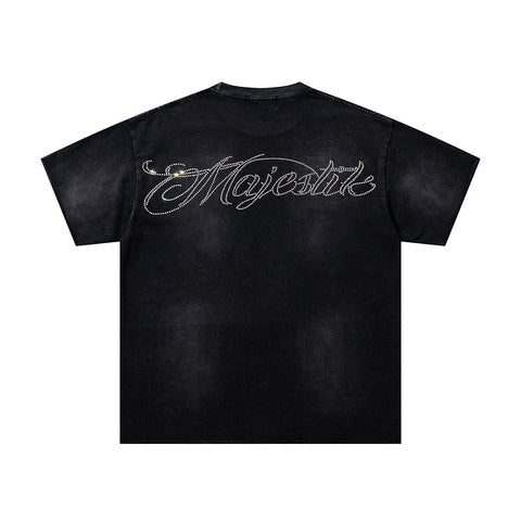 Majestik “Space Rider” Rhinestone Department Vintage Tee（Black）