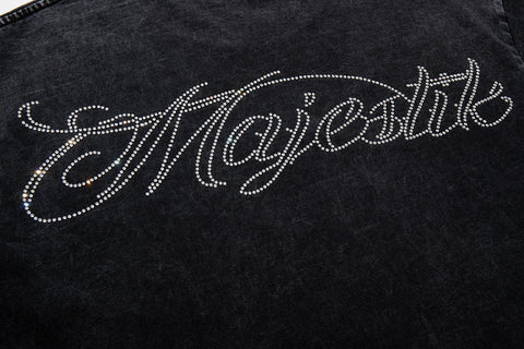 Majestik “Victory Lap” Racing Skeleton Rhinestone Vintage Tee（Black）