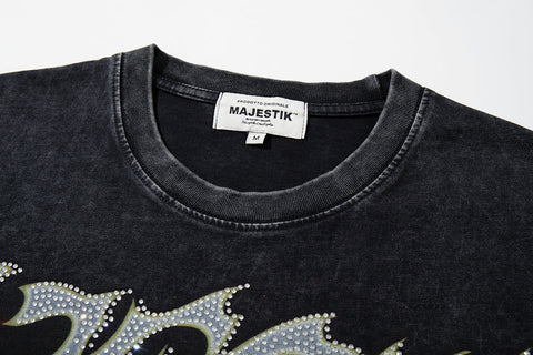 Majestik “Victory Lap” Racing Skeleton Rhinestone Vintage Tee（Black）