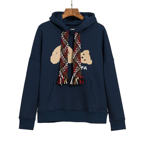 Palm Angels Woven Drawstring Bear Hoodie - Navy