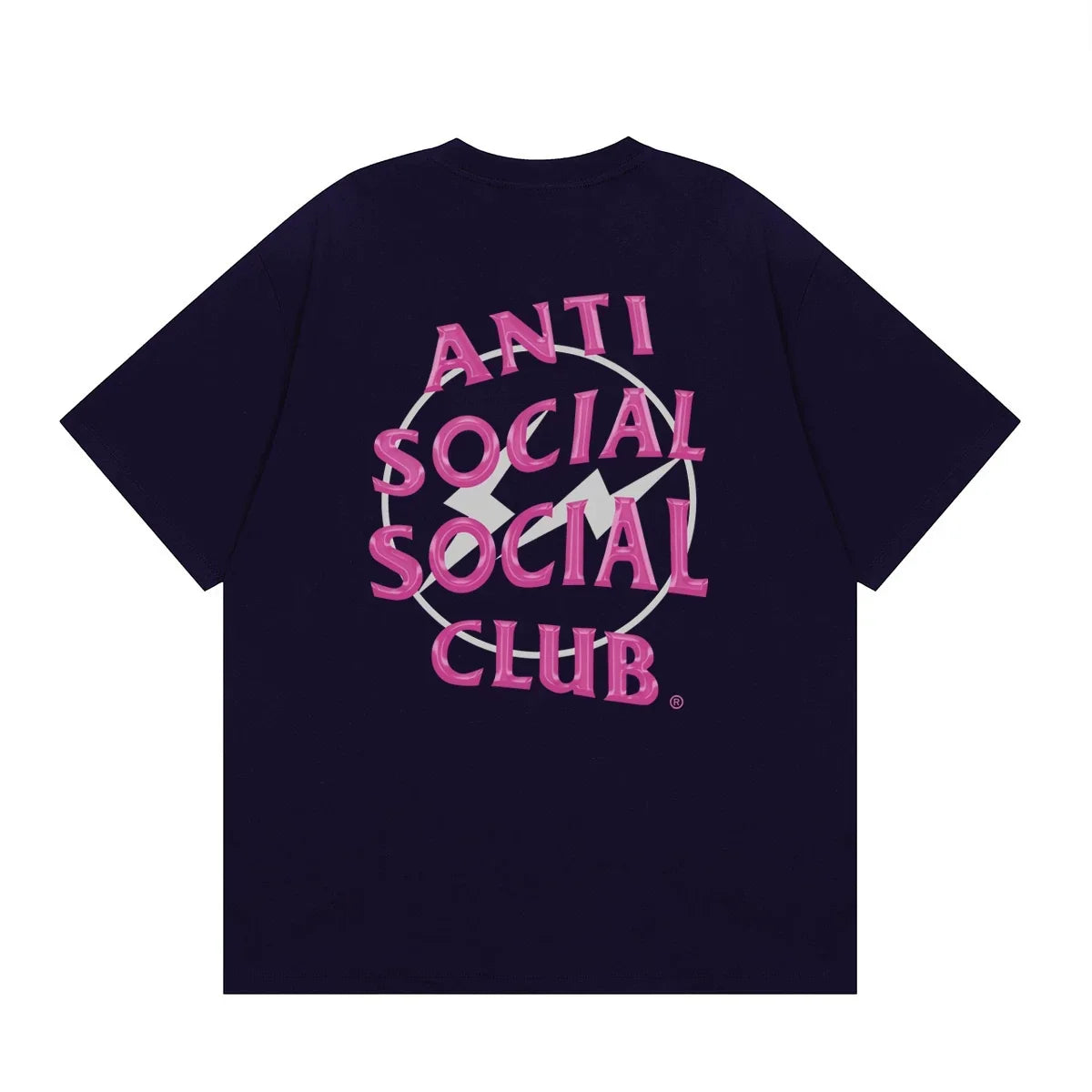 Anti Social Social Club Pink Lightning Circle Logo T-Shirt - Navy Blue