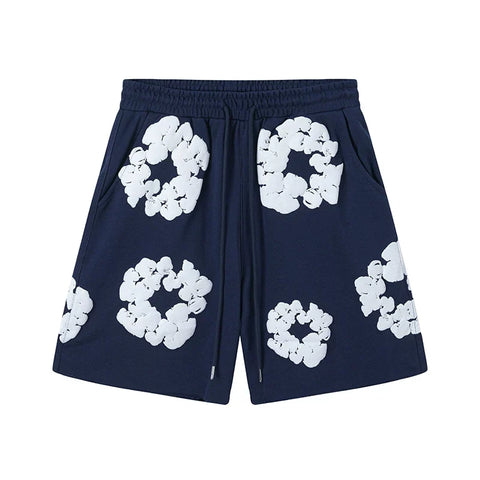 Denim Tears Cotton Wreath Graphic Shorts - Navy Blue / Relaxed Streetwear Fit