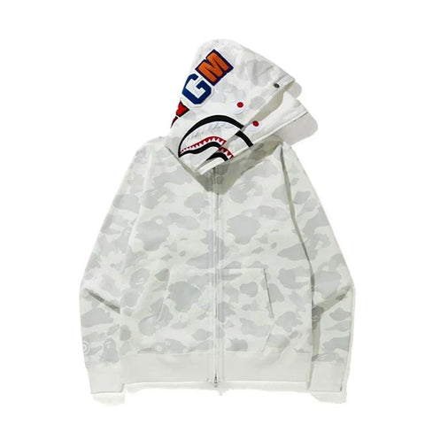 BAPE Style Camo Shark Full-Zip Hoodie - White/Light Grey