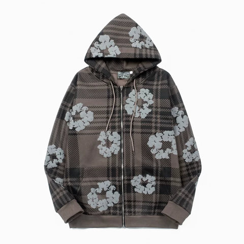 "Denim Tears" Plaid Pattern Full-Zip Oversized Hoodie (Brown)
