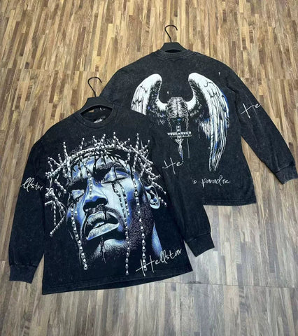 Hellstar Crown of Thorns Angel Wings Graphic Long Sleeve Tee - Washed Black