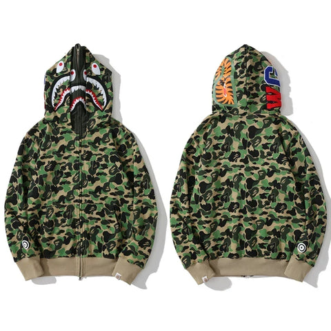 BAPE Style Camo Shark Full-Zip Hoodie - Classic Green