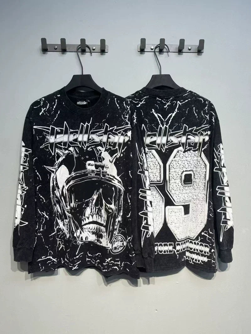 Hellstar Skull Number 69 Graphic Long Sleeve Tee - Washed Black