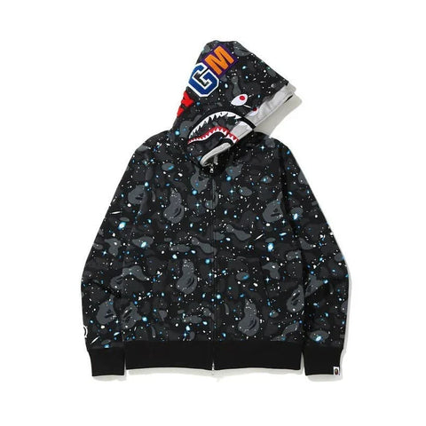 BAPE Style Space Galaxy Shark Full-Zip Hoodie - Black Multi