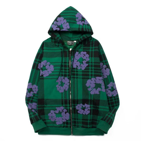 "Denim Tears" Plaid Pattern Full-Zip Oversized Hoodie (Green/Purple)