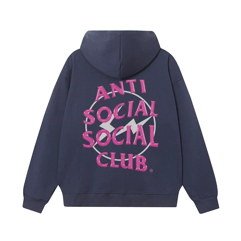 Anti Social Social Club Pink Lightning Circle Logo Hoodie - Navy Blue