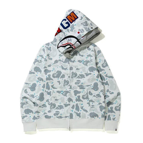 BAPE Style Camo Shark Full-Zip Hoodie - Light Grey/Ice Blue