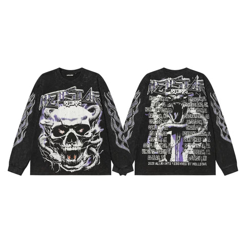Hellstar Demonic Skull Graphic Long Sleeve Tee - Washed Black