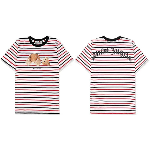 Palm Angels Striped Bear Graphic T-Shirt - Red/White/Black