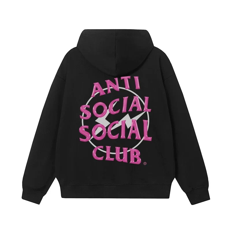 Anti Social Social Club Pink Lightning Circle Logo Hoodie - Black