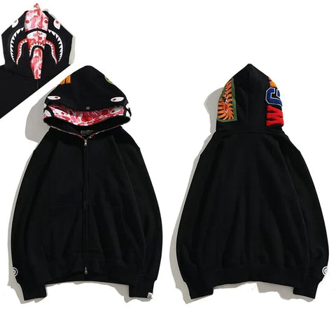 BAPE Style Solid Black Shark Full-Zip Hoodie - Camo Interior