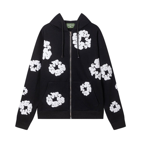 "Denim Tears" Black Floral Pattern Full-Zip Hoodie
