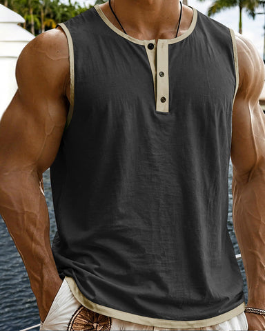 Men's Relaxed Contrast Trim Henley Sleeveless Tank Top