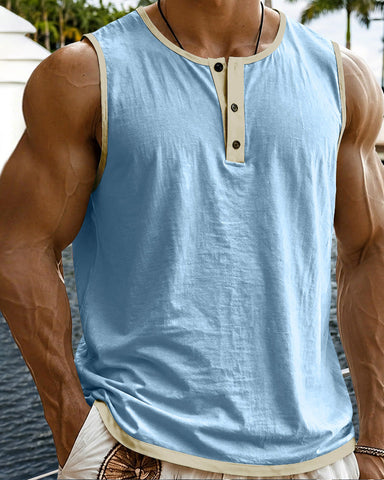 Men's Relaxed Contrast Trim Henley Sleeveless Tank Top