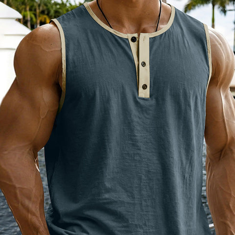 Men's Relaxed Contrast Trim Henley Sleeveless Tank Top