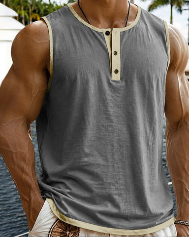 Men's Relaxed Contrast Trim Henley Sleeveless Tank Top