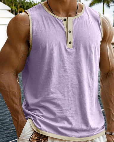 Men's Relaxed Contrast Trim Henley Sleeveless Tank Top