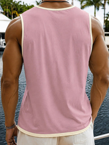 Men's Relaxed Contrast Trim Henley Sleeveless Tank Top