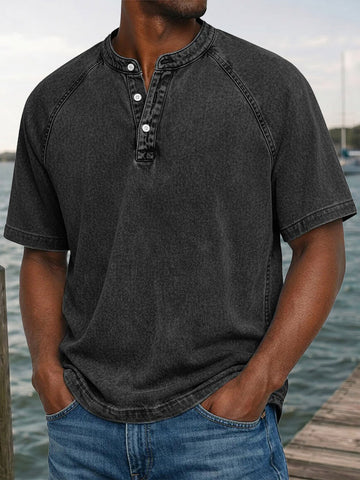 Men's Washed Denim-Look Henley Raglan Short Sleeve Tee