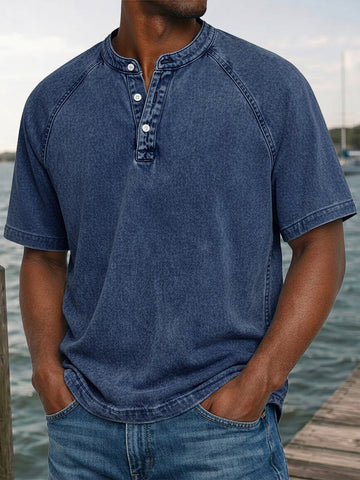 Men's Washed Denim-Look Henley Raglan Short Sleeve Tee