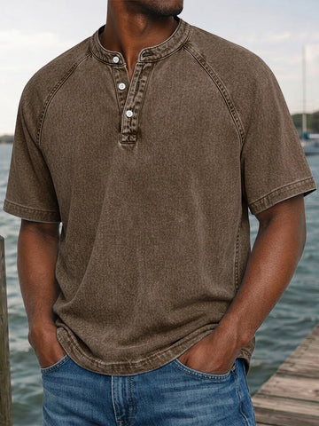 Men's Washed Denim-Look Henley Raglan Short Sleeve Tee