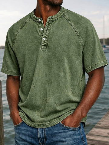 Men's Washed Denim-Look Henley Raglan Short Sleeve Tee