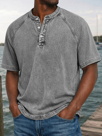 Men's Washed Denim-Look Henley Raglan Short Sleeve Tee