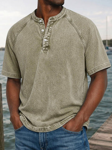 Men's Washed Denim-Look Henley Raglan Short Sleeve Tee
