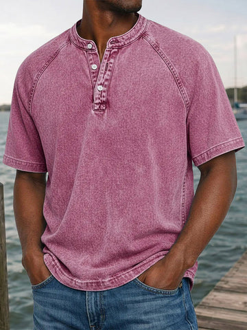 Men's Washed Denim-Look Henley Raglan Short Sleeve Tee