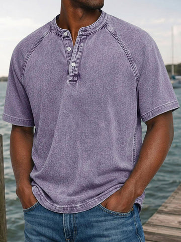 Men's Washed Denim-Look Henley Raglan Short Sleeve Tee
