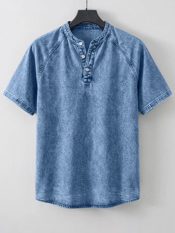 Men's Washed Denim-Look Henley Raglan Short Sleeve Tee
