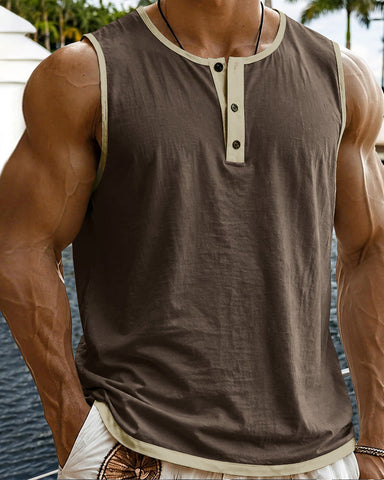 Men's Relaxed Contrast Trim Henley Sleeveless Tank Top