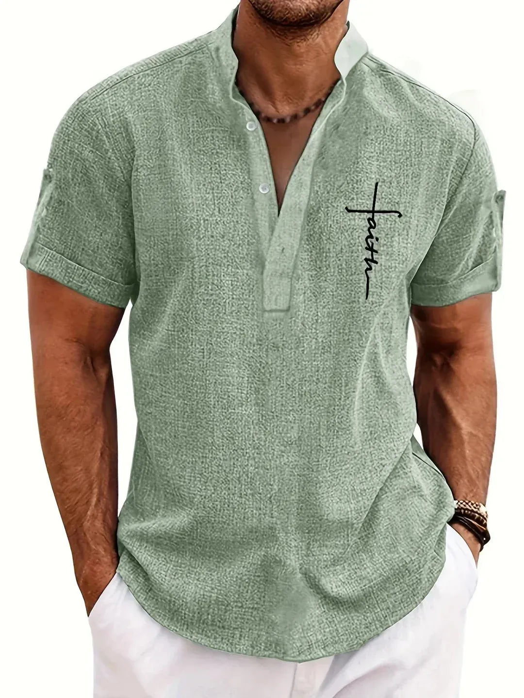 Men’s Textured Short Sleeve Stand Collar Henley Shirt