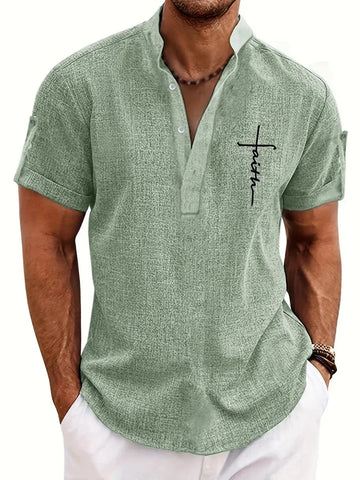 Men’s Textured Short Sleeve Stand Collar Henley Shirt