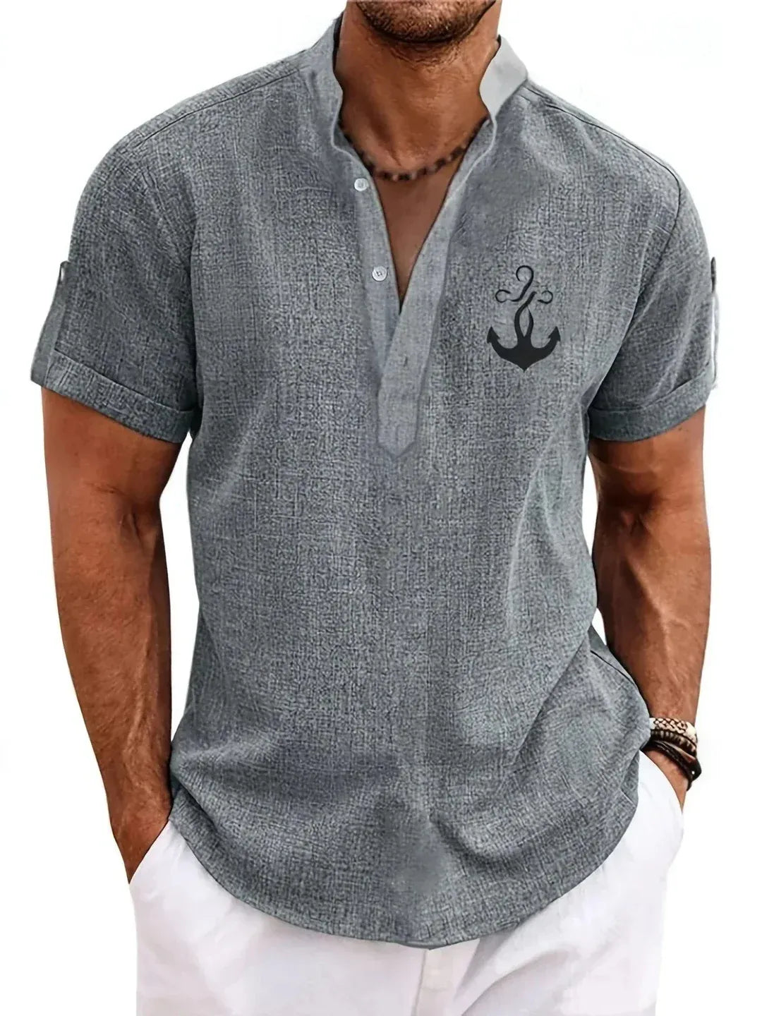 Men’s Textured Short Sleeve Stand Collar Henley Shirt