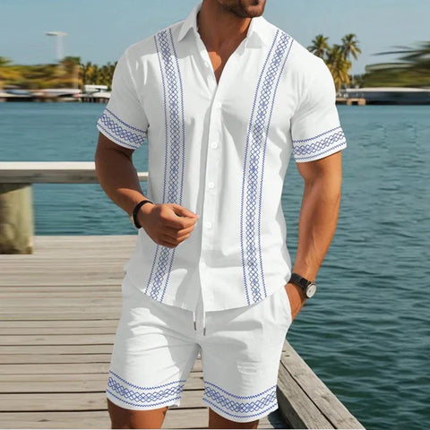 Men’s Embroidered Trim Short-Sleeve Shirt and Shorts Set